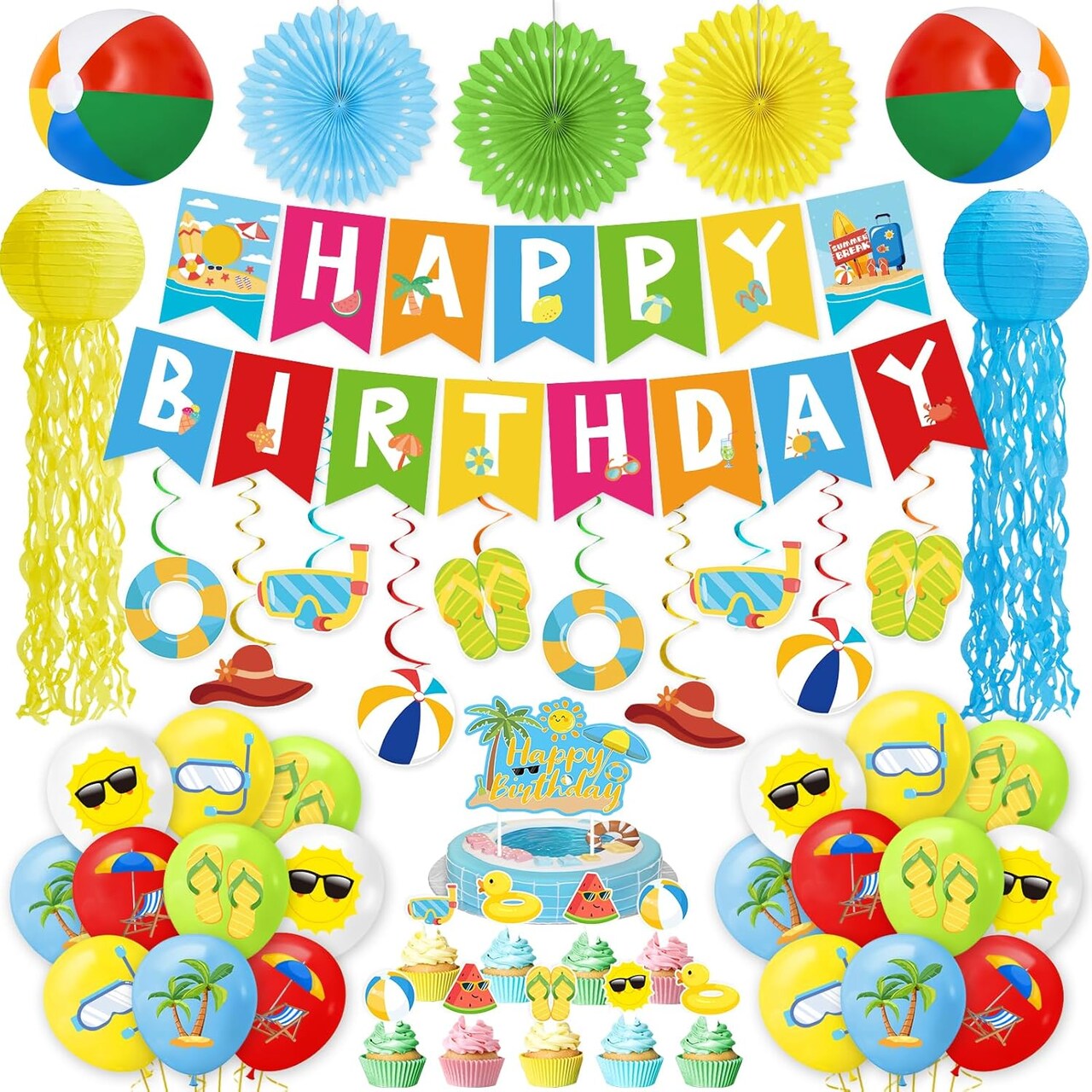 51 Pcs Summer Beach Party Decorations with Balloons, Banner, Beach Balls, Cupcak Toppers, and Jelly Fish Lanterns